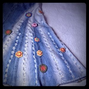 Long Distressed Denim Skirt with Crochet Flowers